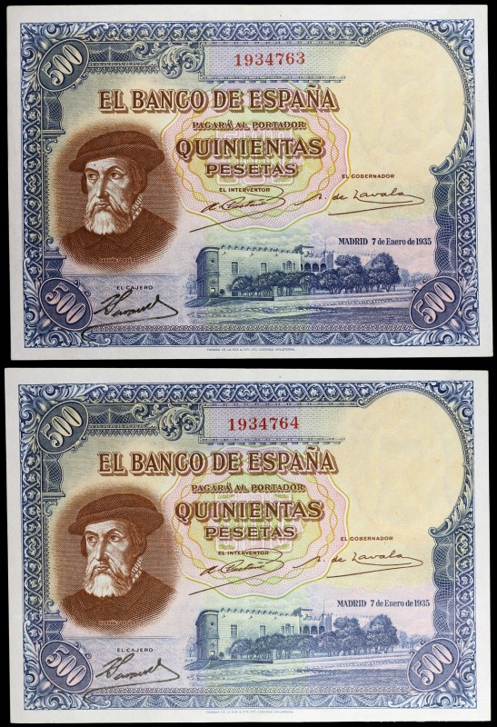 1935. 500 pesetas. (Ed. C16) (Ed. 365). 7 de enero, Hernán Cortés. Pareja correl...