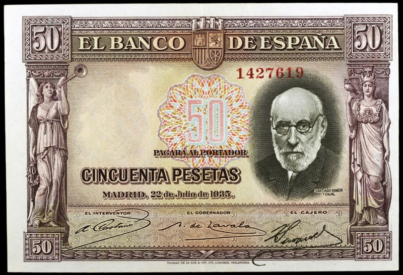 1935. 50 pesetas. (Ed. C17) (Ed. 366). 22 de julio, Ramón y Cajal. Sin serie. Le...
