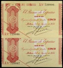 1936. Bilbao. 5 pesetas. (Ed. C19Aa) (Ed. 368Aa). 30 de agosto. Pareja correlativa, serie A. Antefirmas del Banco de Vizcaya. Leve ondulación, pero ej...