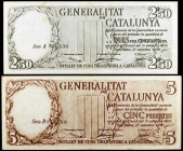 1936. Generalitat de Catalunya. 2,50 (numeración en negro) y 5 pesetas. (Ed. C23 y C24) (Ed. 372 y 373). Lote de 2 billetes. Escasos. MBC-/MBC.