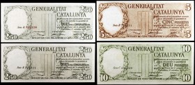 1936. Generalitat de Catalunya. 2,50 (A, negro y rojo), 5 y 10 pesetas. (Ed. C23, C23a, C24 y C25) (Ed. 372, 372a, 373 y 374). Lote de 4 billetes 25 d...