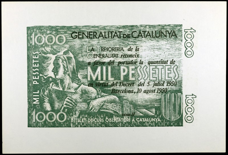 1950. Generalitat de Catalunya. 1000 pesetas. 10 de agosto. Prueba de anverso y ...