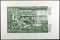 1950. Generalitat de Catalunya. 1000 pesetas. 10 de agosto. Prueba de anverso y reverso en verde oscuro. EBC+.