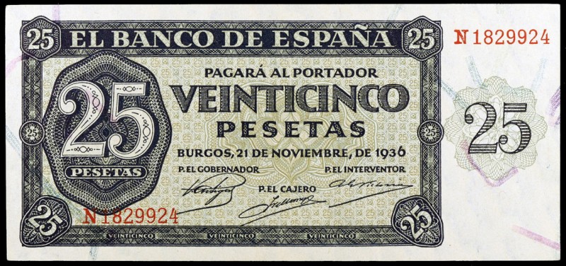 1936. Burgos. 25 pesetas. (Ed. D20a) (Ed. 419a). 21 de noviembre. Serie N. Esqui...