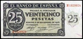 1936. Burgos. 25 pesetas. (Ed. D20a) (Ed. 419a). 21 de noviembre. Serie N. Esquinas rozadas. S/C-.