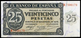 1936. Burgos. 25 pesetas. (Ed. D20a) (Ed. 419a). 21 de noviembre. Serie R. Leve doblez. EBC-.
