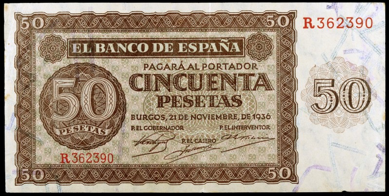 1936. Burgos. 50 pesetas. (Ed. D21a) (Ed. 420a). 21 de noviembre. Serie R. Doble...