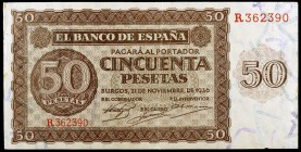 1936. Burgos. 50 pesetas. (Ed. D21a) (Ed. 420a). 21 de noviembre. Serie R. Doblez. Con apresto. Escaso. EBC-.