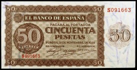 1936. Burgos. 50 pesetas. (Ed. D21a) (Ed. 420a). 21 de noviembre. Serie S. Una esquina rozada. Escaso. S/C-.