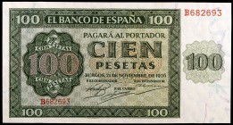 1936. Burgos. 100 pesetas. (Ed. D22a) (Ed. 421a). 21 de noviembre, serie B. Leve doblez. S/C-.