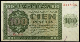 1936. Burgos. 100 pesetas. (Ed. D22a) (Ed. 421a). 21 de noviembre. Serie H. Leve doblez. EBC+.