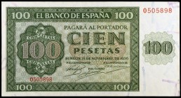 1936. Burgos. 100 pesetas. (Ed. D22a) (Ed. 421a). Serie O. Esquinas dobladas. EBC+.