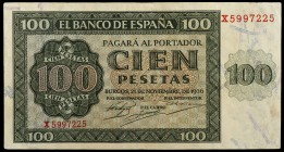 1936. Burgos. 100 pesetas. (Ed. D22a) (Ed. 421a). 21 de noviembre. Serie X, última emitida. Escaso. MBC.