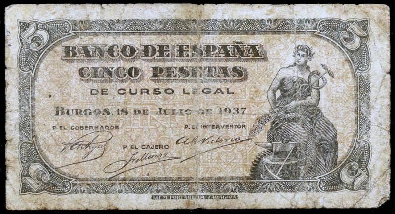 1937. Burgos. 5 pesetas. (Ed. D25a) (Ed. 424a). 18 de julio. Serie C. Escaso. BC...