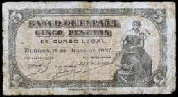 1937. Burgos. 5 pesetas. (Ed. D25a) (Ed. 424a). 18 de julio. Serie C. Escaso. BC.