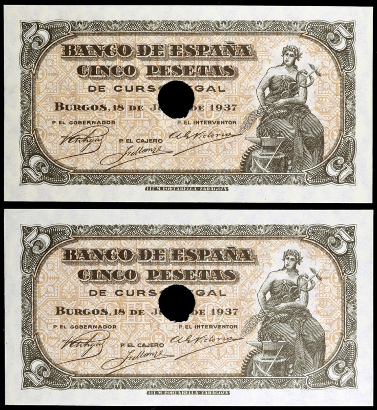 1937. Burgos. 5 pesetas. (Ed. D25a) (Ed. 424a). 18 de julio. Pareja correlativa,...