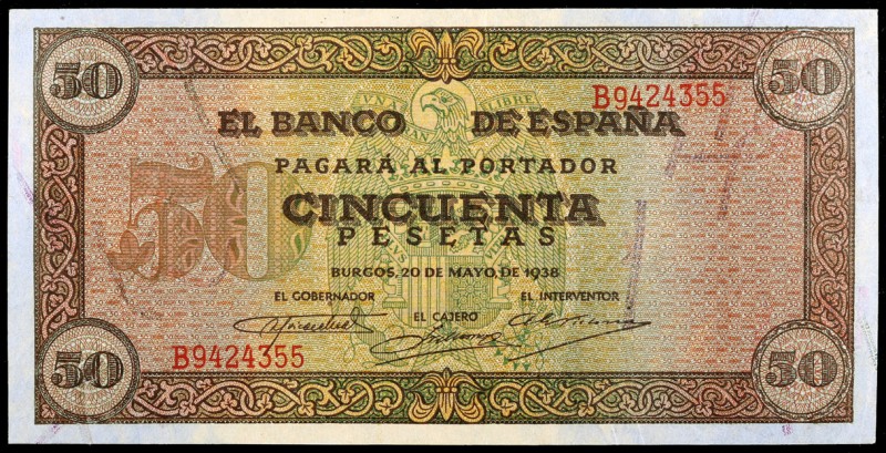 1938. Burgos. 50 pesetas. (Ed. D32a) (Ed. 431a). 20 de mayo. Serie B. Esquinas r...