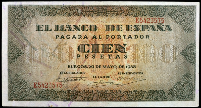 1938. Burgos. 100 pesetas. (Ed. D33a) (Ed. 432a). 20 de mayo, serie E. Leve dobl...