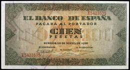 1938. Burgos. 100 pesetas. (Ed. D33a) (Ed. 432a). 20 de mayo, serie E. Leve doblez. EBC-.