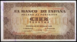 1938. Burgos. 100 pesetas. (Ed. D33a) (Ed. 432a). 20 de mayo. Serie G. Esquinas rozadas. Con apresto. Escaso. S/C-.