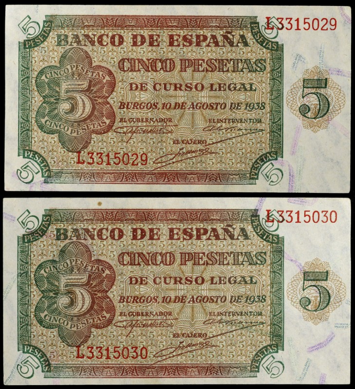 1938. Burgos. 5 pesetas. (Ed. D36a) (Ed. 435a). 10 de agosto. Pareja correlativa...