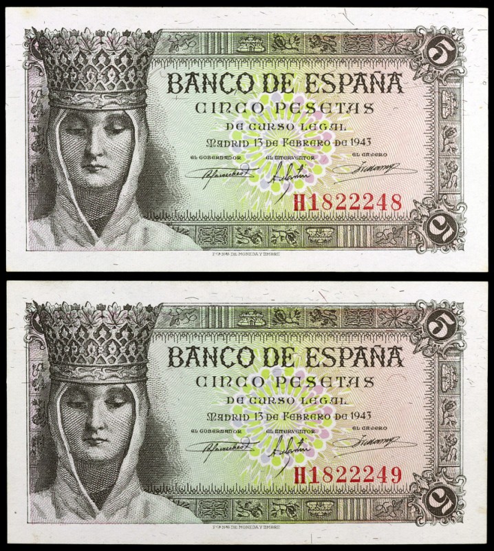 1943. 5 pesetas. (Ed. D47a) (Ed. 446a). 13 de febrero, Isabel la Católica. Parej...