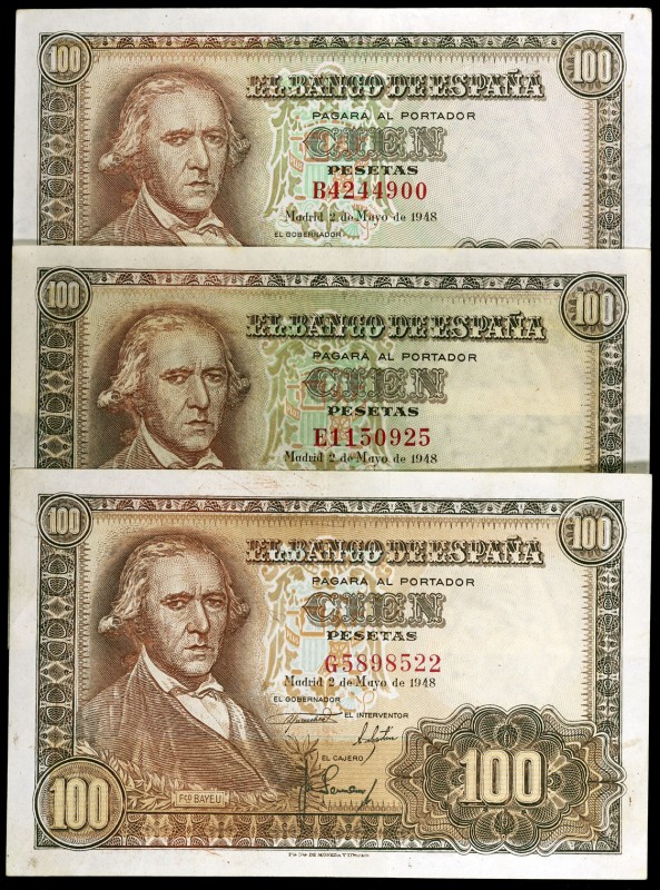 1948. 100 pesetas. (Ed. D57a) (Ed. 456a). 2 de mayo, Bayeu. 3 billetes, series B...
