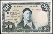 1954. 500 pesetas. (Ed. D69b) (Ed. 468b). 22 de julio, Zuloaga. Serie M. Ex Colección Pérez Galdós 13/02/2019, nº 3477. S/C-.
