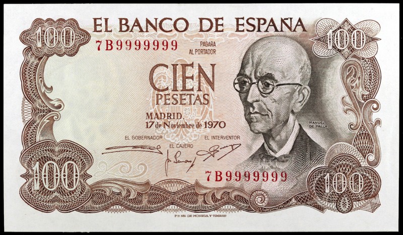 1970. 100 pesetas. (Ed. D73a) (Ed. 472a). 17 de noviembre, Falla. Nº 7B 9999999....