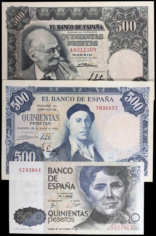 1951, 1954 y 1973. 500 pesetas. Lote de 3 billetes, los dos últimos sin serie. M...