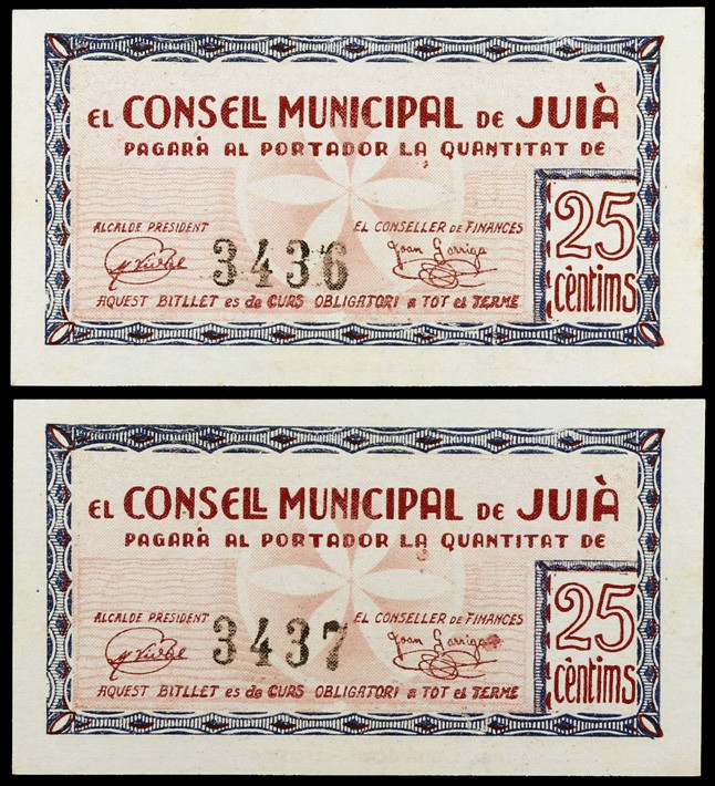 Juià. 1 peseta. (T. 1471). Pareja correlativa. Raros así. S/C-.