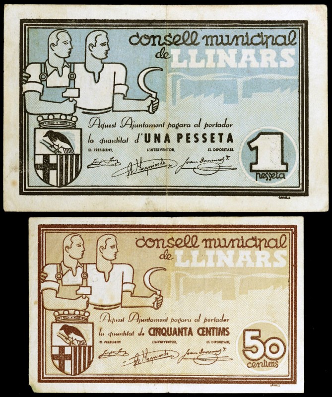 Llinars del Vallès. 50 céntimos y 1 peseta. (T. 1546 y 1547). 2 billetes, todos ...