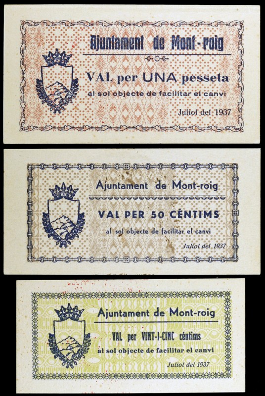 Mont-roig del Camp. 25, 50 céntimos y 1 peseta. (T. 1836 a 1838). 3 billetes, se...