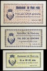 Mont-roig del Camp. 25, 50 céntimos y 1 peseta. (T. 1836 a 1838). 3 billetes, serie completa. Raros así. S/C-.
