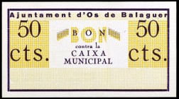 Os de Balaguer. 10, 25, 50 céntimos y 1 peseta. (T. 1977b, 1980 a 1982 y 1983a). 4 billetes y 1 cartón, una serie completa, la peseta de la 1ª emisión...