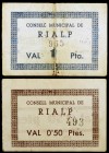 Rialb de Noguera. 50 céntimos y 1 peseta. (T. 2418 y 2419). 2 cartones, serie completa. Raros. MBC-/MBC+.