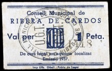 Ribera de Cardós. 1 peseta. (T. 2434b). Cartón. Sello de U.G.T.-C.N.T. Raro. MBC.