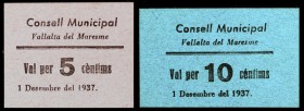 Vallalta del Maresme. 5 y 10 céntimos. (T. 3055ac y 3056d). 2 cartones, serie completa. Raros y más así. EBC.