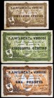 Vimbodí. 25, 50 céntimos y 1 peseta. (T. 3368 a 3370). 3 billetes, todos los de la localidad. Escasos. BC+/MBC+.