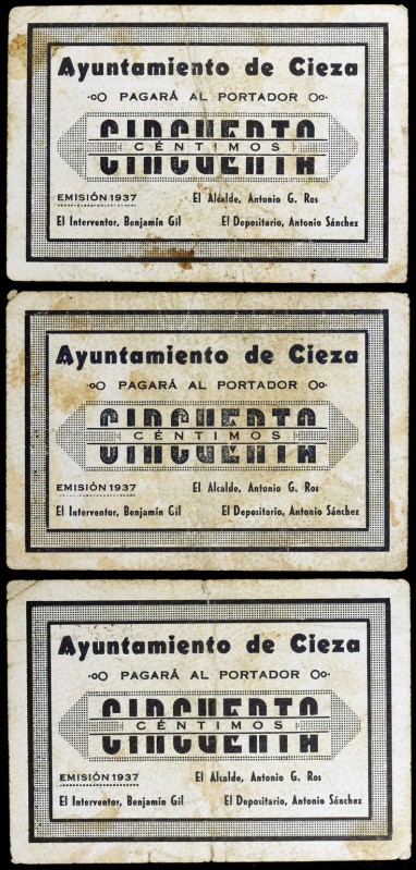 Cieza (Murcia). 50 céntimos. (KG. 279c) (CCT. 120). 3 billetes. MBC-/MBC.