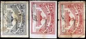 Chiva (Valencia). 25 (dos) y 50 céntimos. (KG. 309) (T. 677, 678 y 678a). 3 billetes. Raros. BC/MBC.