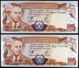 SH 1356 (1977). Afganistán. Banco de Afganistán. 500 afghanis. (Pick 52a). Presidente Muhammad Daud / Pueblo tribal fortificado. 2 billetes. Ex Colecc...