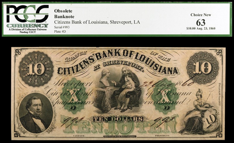 1860. Estados Unidos. Luisiana. Citizens' Bank. 10 dólares. Certificado por la P...