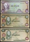1989 y 1990. Jamaica. Banco de Jamaica. 1 y 2 dólares (dos). (Pick 68Ac, 69c y d). 3 billetes. S/C-/S/C.