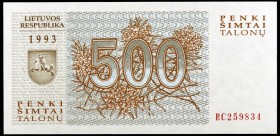 1993. Lituania. Banco de Lituania. 500 talom. (Pick 46). S/C.