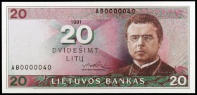1991. Lituania. Banco de Lituania. 20 litu. (Pick 48). Jonas Maironis. Escaso. S/C.