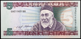 1993. Lituania. Banco de Lituania. 5 litai. (Pick 55a). Jonas Jablonskis. S/C.
