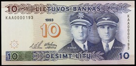 1993 Lituania. Banco de Lituania. 10 litu. (Pick 56a). Pilotes Steponas Darius y Stasys Girénas. S/C.