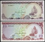 1983 y 1987. Maldivas. Autoridad Monetaria. 5 y 20 rufiyaa. (Pick 10a y 12b). 2 billetes. S/C.