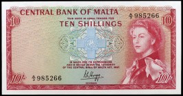 L. 1967 (1968). Malta. Banco Central. 10 chelines. (Pick 28a). Isabel II. Raro. S/C-.